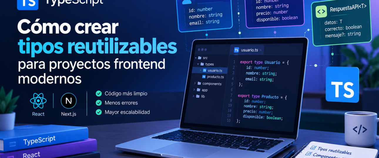 # Cómo crear tipos reutilizables para proyectos frontend modernos En los proyectos frontend modernos, especialmente con TypeScript, React y Next.js, crear tipos reutilizables permite organizar mejor el código, reducir errores y mantener una estructura más fácil de ampliar. En lugar de definir los mismos tipos en diferentes archivos, podemos centralizarlos y utilizarlos en componentes, formularios y respuestas de API. ## 1. ¿Qué son los tipos reutilizables? Son definiciones que describen la estructura de los datos que utiliza una aplicación. Por ejemplo, si trabajamos con usuarios, podemos definir un tipo que especifique su nombre, correo electrónico e identificador. ```typescript export type Usuario = { id: number; nombre: string; email: string; }; ``` Este tipo puede utilizarse en cualquier parte del proyecto sin repetir su estructura. ## 2. Organizar los tipos en el proyecto Una buena práctica consiste en crear una carpeta llamada `types` dentro de `src`. Allí podemos guardar las definiciones compartidas. ```text src/ ├── components/ ├── app/ └── types/ ├── usuario.ts └── producto.ts ``` Por ejemplo, en `producto.ts` definimos: ```typescript export type Producto = { id: number; nombre: string; precio: number; disponible: boolean; }; ``` Gracias a `export`, otros archivos pueden importar estos tipos y utilizarlos directamente. ## 3. Reutilizar tipos en componentes de React Los tipos también permiten definir las propiedades o *props* que recibe un componente. ```tsx import type { Usuario } from "../types/usuario"; type TarjetaUsuarioProps = { usuario: Usuario; }; export function TarjetaUsuario({ usuario }: TarjetaUsuarioProps) { return ( {usuario.nombre} {usuario.email} ); } ``` Ahora, cualquier componente que utilice `TarjetaUsuario` deberá proporcionar un objeto compatible con el tipo `Usuario`. TypeScript detectará errores de estructura durante el desarrollo. ## 4. Utilizar tipos genéricos Los genéricos permiten crear estructuras reutilizables para diferentes tipos de datos. Son especialmente útiles cuando una API devuelve usuarios, productos u otros recursos. ```typescript export type RespuestaAPI = { datos: T; correcto: boolean; mensaje?: string; }; ``` Podemos utilizarla de esta manera: ```typescript import type { Usuario } from "./usuario"; import type { RespuestaAPI } from "./respuesta"; const respuesta: RespuestaAPI = { datos: [], correcto: true }; ``` El símbolo `T` representa un tipo que se especifica cuando utilizamos la estructura. ## 5. Diferencias entre type e interface TypeScript ofrece `type` e `interface` para describir estructuras. Ambos permiten definir objetos, aunque tienen diferencias: `interface` admite declaraciones ampliables y `type` también permite crear uniones y alias para otros tipos. ```typescript type Estado = "cargando" | "completado" | "error"; ``` Esta definición restringe los valores permitidos y evita estados escritos incorrectamente. ## Conclusión Crear tipos reutilizables mejora la consistencia, legibilidad y mantenimiento de los proyectos frontend. Centralizar las definiciones, tipar las propiedades de los componentes y aprovechar los genéricos permite construir aplicaciones con React y Next.js más organizadas y escalables. La clave es reutilizar los tipos cuando representan estructuras compartidas, sin crear abstracciones innecesarias. Así, TypeScript se convierte en una herramienta fundamental para desarrollar software moderno con mayor seguridad y claridad.